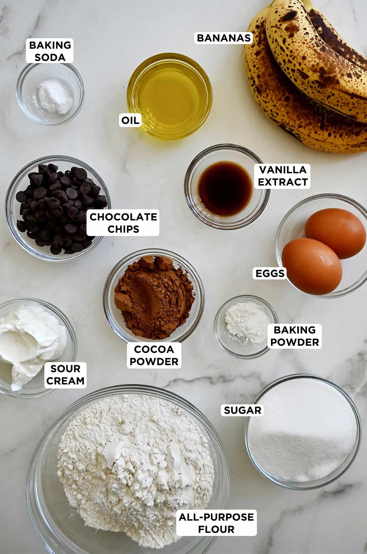 Ingredients to make cocoa banana bread with chocolate chips.
