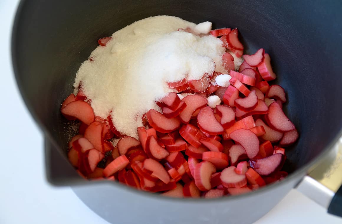 Diced rhubarb and sugar in a medium saucepan
