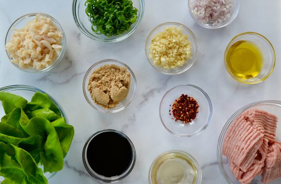 Various sized bowls containing diced red onion, oil, ground chicken, minced garlic, brown sugar, soy sauce, spinach and sliced scallions