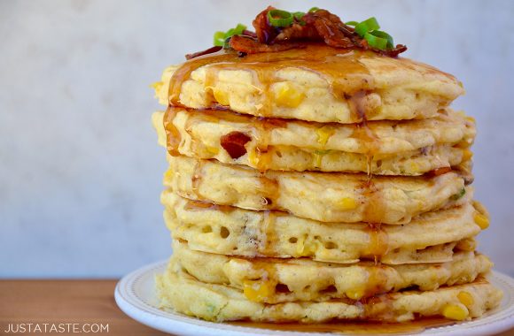 The best sweet corn pancakes with bacon topped with warm maple syrup