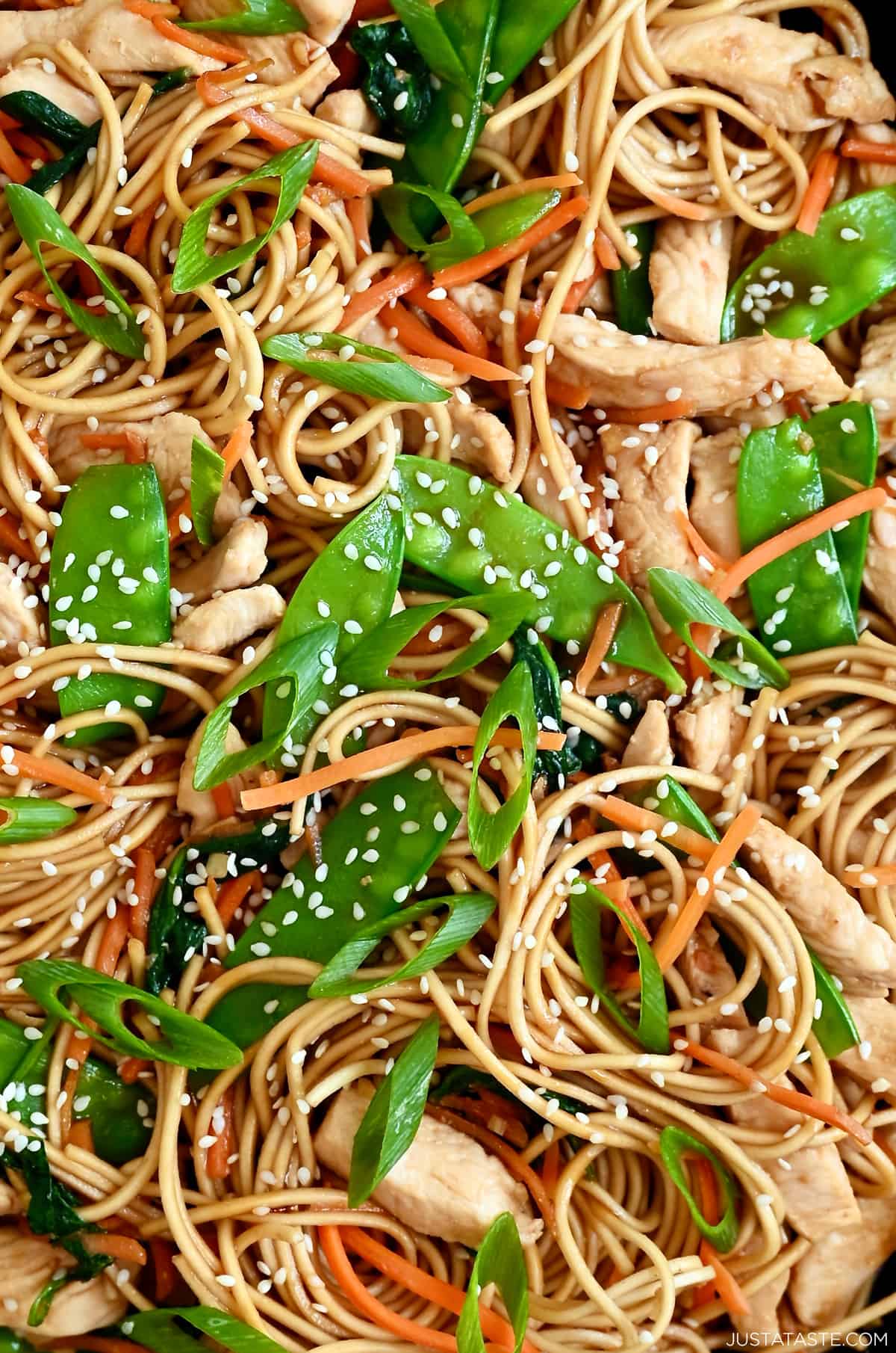 Stir-fried lo mein noodles, snow peas, shredded carrots and chicken garnished with sesame seeds.