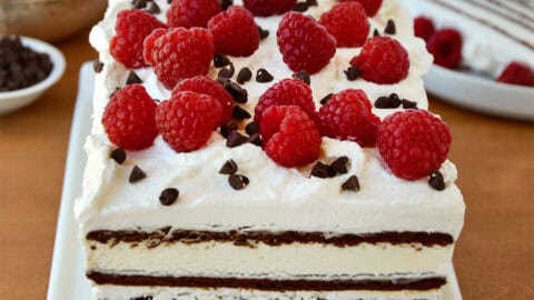 Easy ice cream sandwich cake with three layers of ice cream sandwiches and whipped topping.