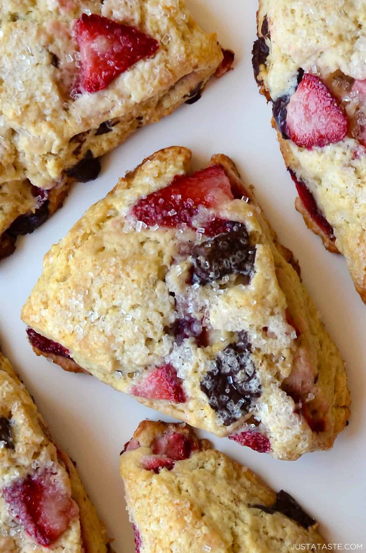 Strawberry chocolate scones topped with sanding sugar.