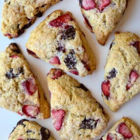 Strawberry scones studded with chocolate chunks.