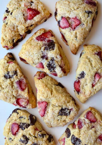 Strawberry scones studded with chocolate chunks.