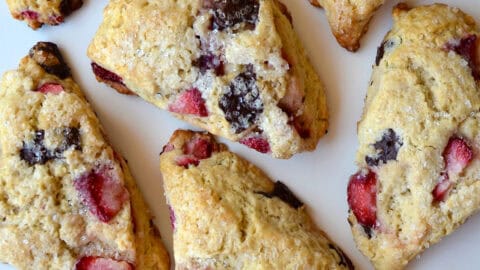 Strawberry scones studded with chocolate chunks.
