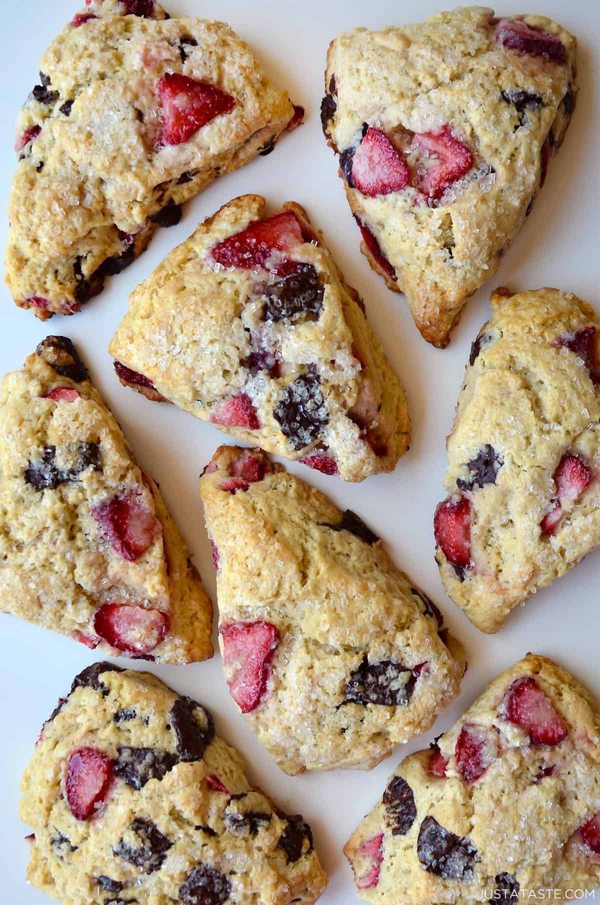 Strawberry scones studded with chocolate chunks.