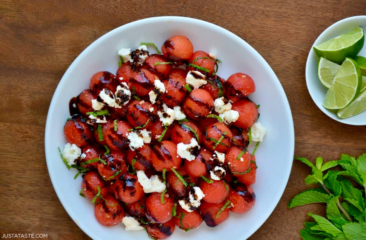 Watermelon feta salad with mint, lime dressing and balsamic drizzle.