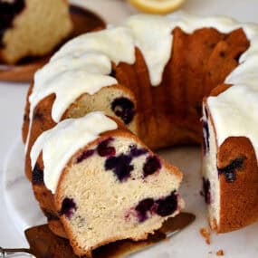 Lemon blueberry pound cake with a lemon glaze.