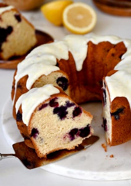 Lemon blueberry pound cake with a lemon glaze.