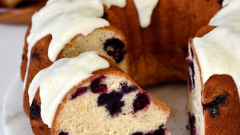 Lemon blueberry pound cake with a lemon glaze.
