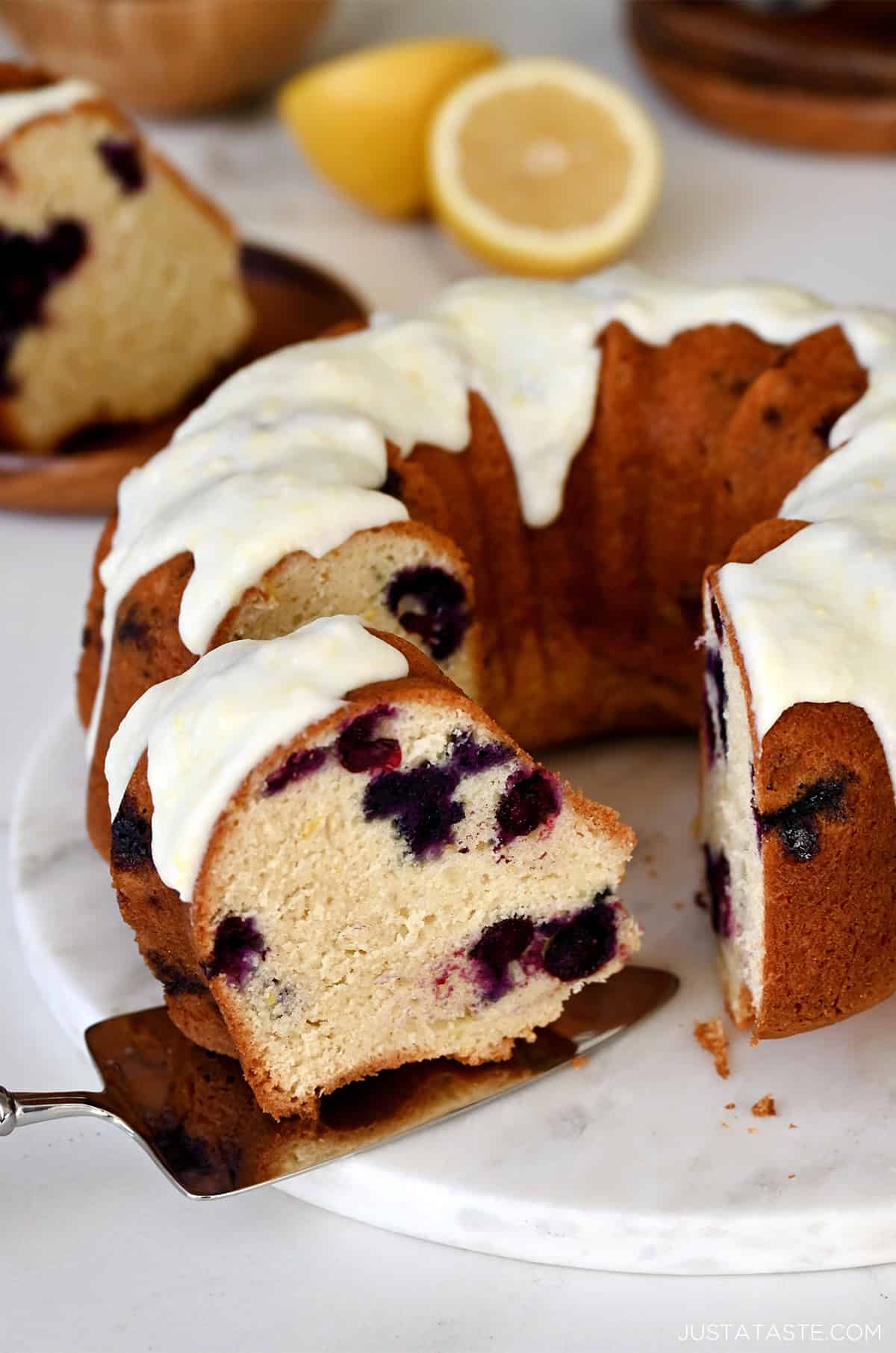 Lemon blueberry pound cake with a lemon glaze.