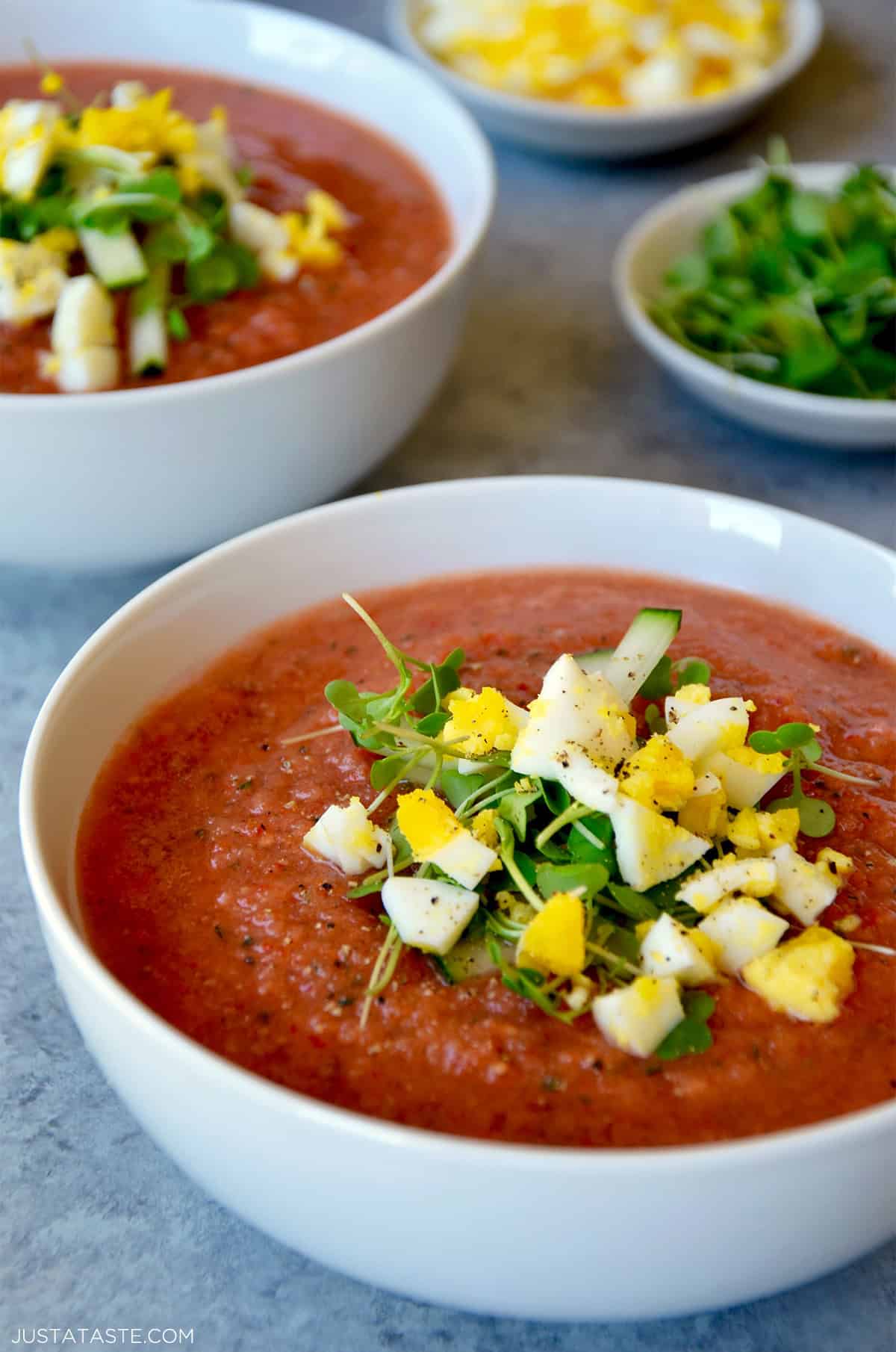 A bowl containing chilled gazpacho topped with microgreens, chopped hard-boiled egg and cucumber.