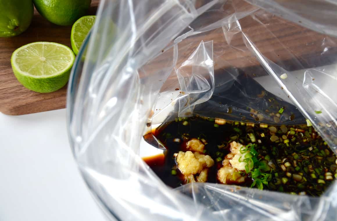 A plastic bag containing an Asian-inspired marinade