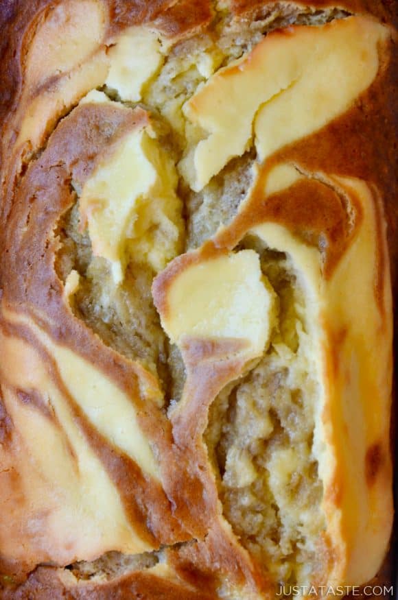 Close up photo of cream cheese banana bread with swirls