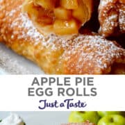 Top image: Juicy apple pie filing tucked inside an egg roll wrapper that's been fried to golden brown perfection and dusted with powdered sugar. Bottom image: Apple Pie Egg Rolls piled high on a plate and dusted with powdered sugar.