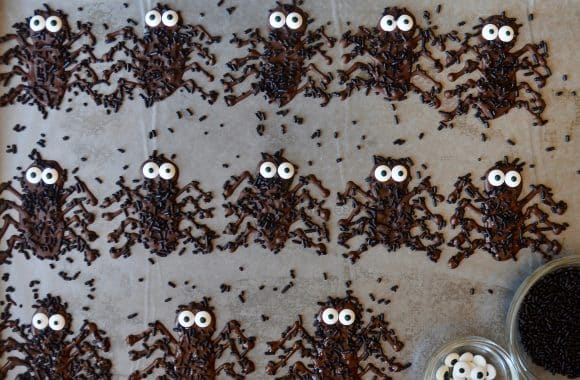 Chocolate spiders with sprinkles piped onto a baking sheet