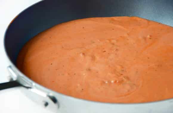 Vodka pasta sauce in a nonstick pan