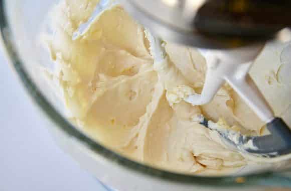 Cream cheese mixture in a KitchenAid bowl
