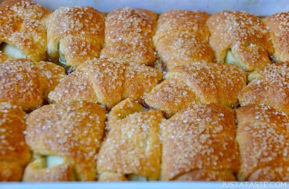 A baking dish close-up of Crescent Roll Apple Dumplings