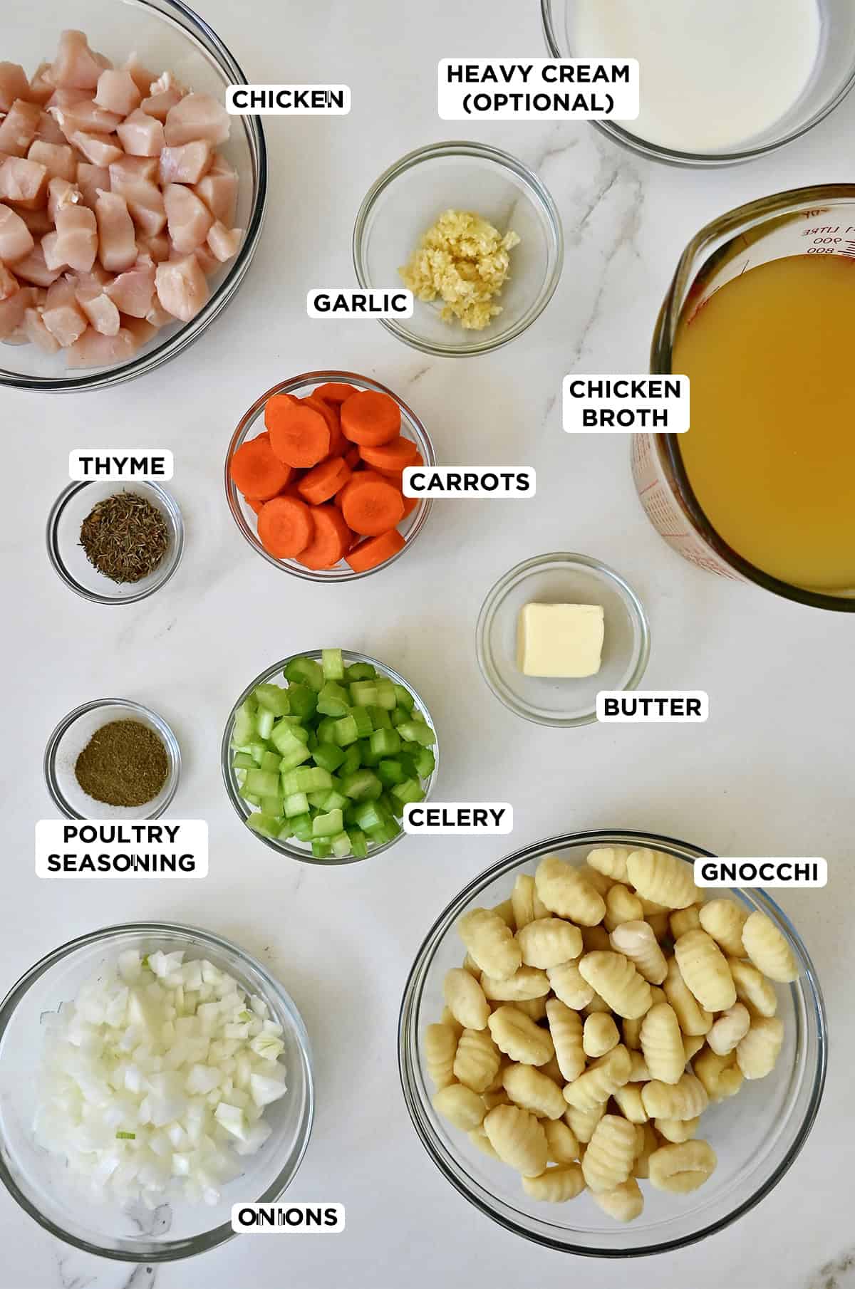 Labeled ingredients for homemade chicken gnocchi soup, including chicken breasts, potato gnocchi, carrots, celery, onion, garlic, chicken broth and seasonings.