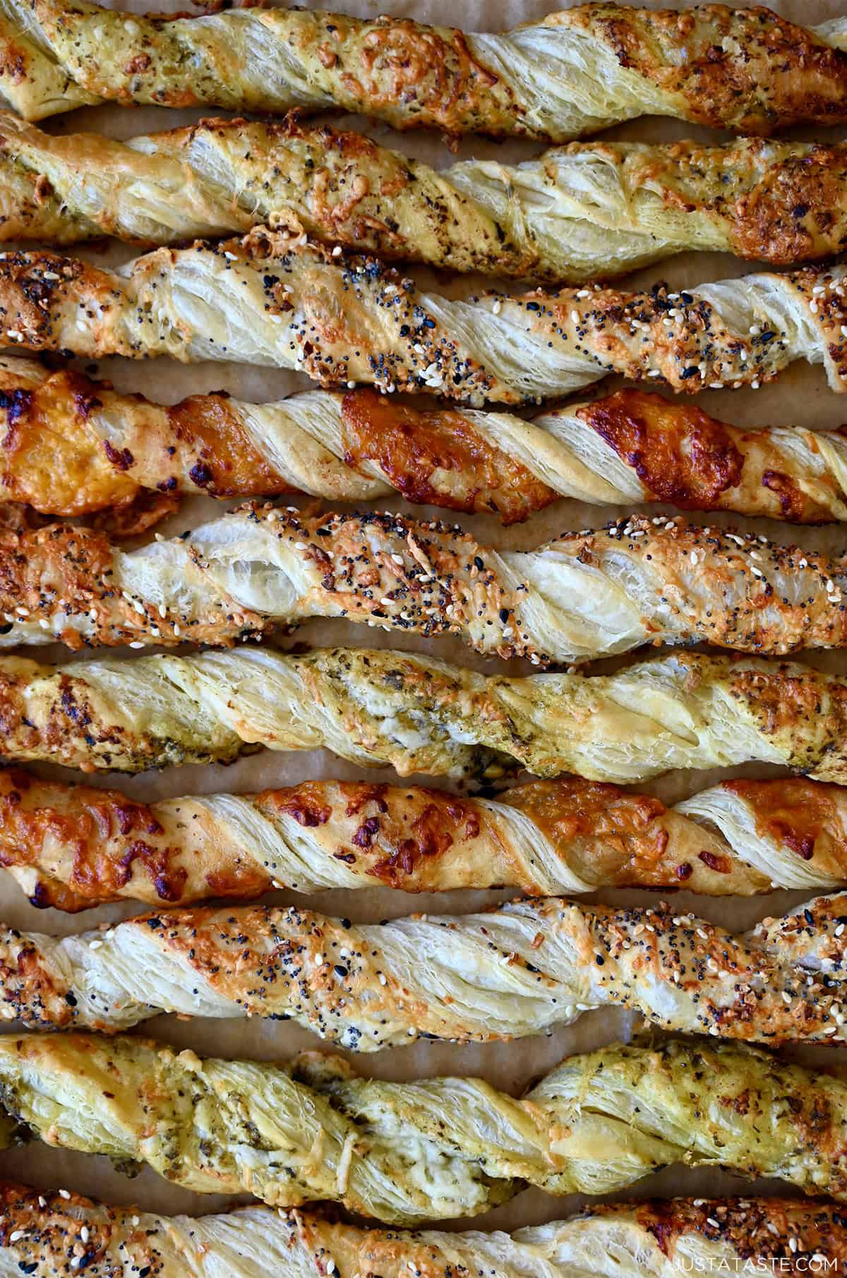 Buttery, flaky cheese straws made with puff pastry and poppy seeds.