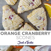 Top image: A top-down view of Glazed Orange Cranberry Scones next to orange slices. Bottom image: A red brush brushing heavy cream atop unbaked scones.