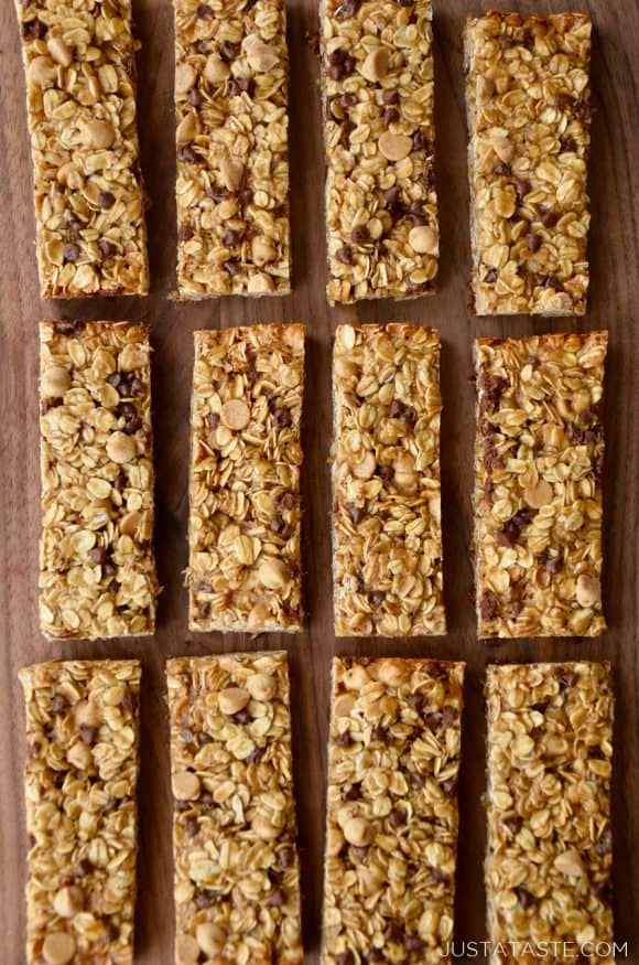 Three rows of Homemade Peanut Butter Granola Bars on wood background