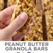 Top image: A hand holding a Homemade Peanut Butter Granola Bar. Bottom image: A top-down view of rows of easy peanut butter granola bars studded with mini chocolate chips.