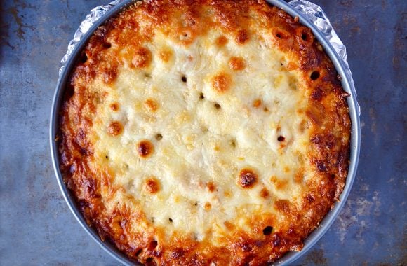 Baked rigatoni pie in springform pan