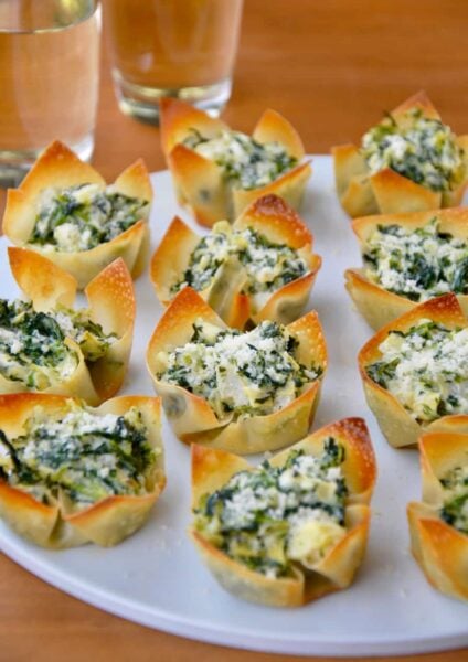 Spinach-Artichoke Dip Wonton Cups on white plate