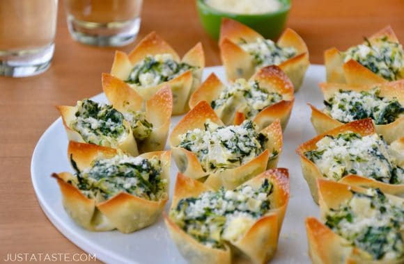 Spinach-Artichoke Dip Wonton Cups on white plate