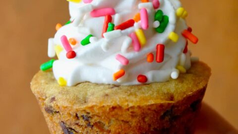 A close-up shot of a hand holding a Chocolate Chip Cookie Cup topped with vanilla frosting and sprinkles