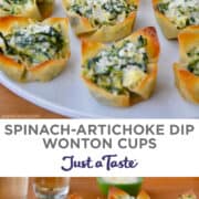 Top image: A close-up view of Spinach-Artichoke Dip Wonton Cups on a white serving plate. Bottom image: Spinach-Artichoke Dip Wonton Cups on a plate next to glasses of wine and a small green ramekin filled with grated parmesan cheese.