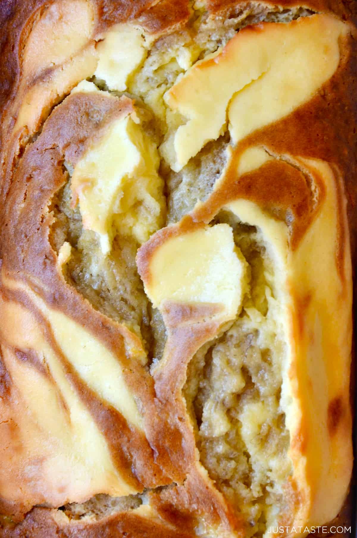 Banana bread marbled with cream cheese.