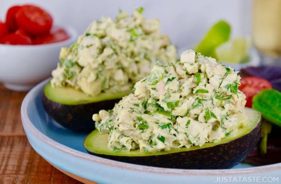 The Best Avocado Chicken Salad served in hollowed-out avocados