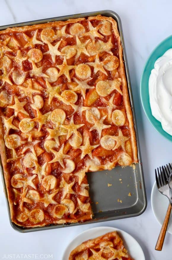 Easy Peach Slab Pie with a square corner piece cut out