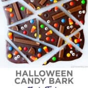 Top image: A top-down view of Halloween Candy Bark cut into imperfect triangles and rectangles. Bottom image: Halloween Candy Bark studded with candy corn, Kit Kat Bars, M&Ms, Reese's Pieces and candy eyes.