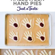 Vertical collage of images. Top image: A hand pie with sliced almond "nails" cut open to reveal fruit filling. Second image: Hand-shaped pie cutouts filled with fruit filling on a parchment paper-lined baking sheet. Third image: Unbacked hand pies on a parchment paper-lined baking sheet. Last image: Halloween Hand Pies on a wire rack next to a ramekin containing almond slices with a hand reaching into it.