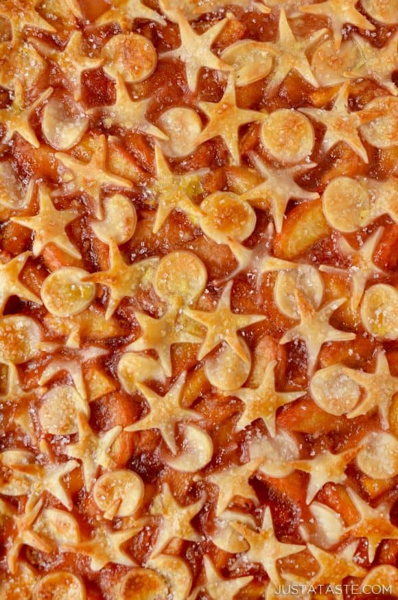 Easy Peach Slab Pie with decorative pie dough cutouts