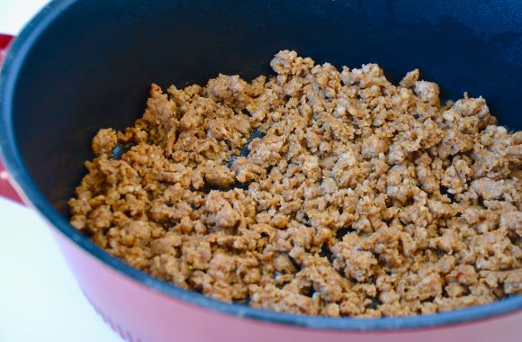 Cooked Italian sausage in pot