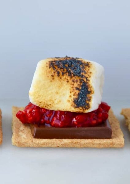 Three toasted marshmallows on graham crackers with fresh raspberries