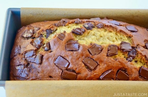 Julian's One-Bowl Banana Bread with parchment paper in bread pan
