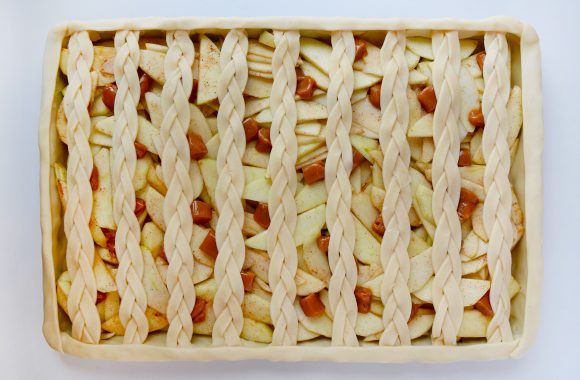 A caramel apple slab pie before it is baked