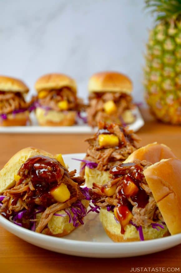 Slow Cooker Hawaiian Pulled Pork with purple cabbage on sandwich buns