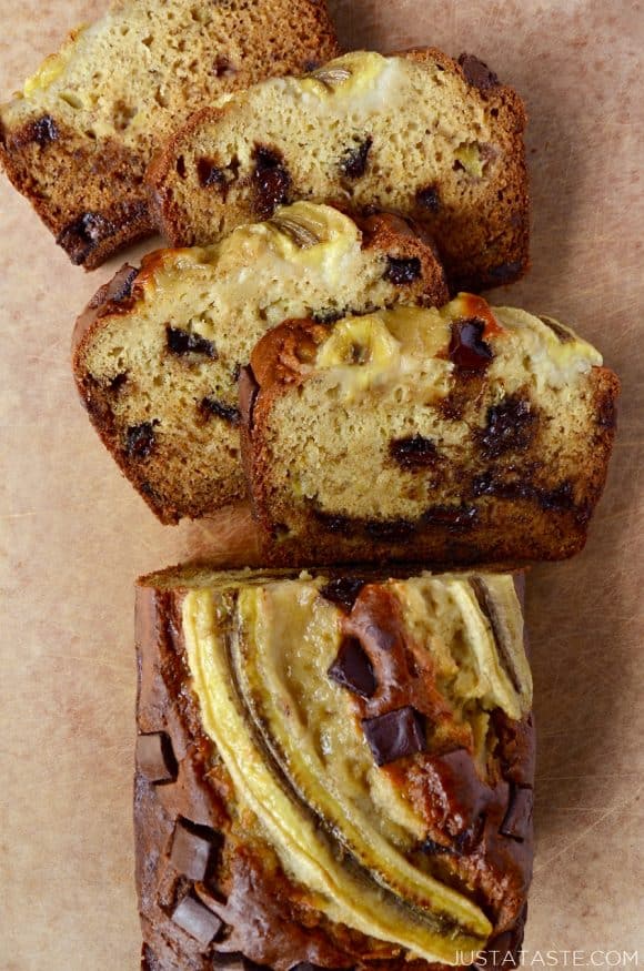 Sliced Sour Cream Chocolate Chunk Banana Bread