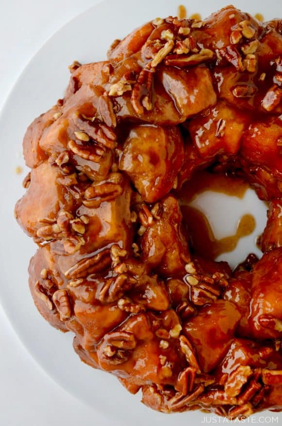 Easy Pecan Monkey Bread on white serving plate