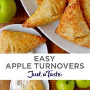 Top image: A close-up view of Easy Apple Turnovers on a white serving plate. Bottom image: Easy Apple Turnovers on a white serving plate next to a bowl with whipped cream and two green apples.