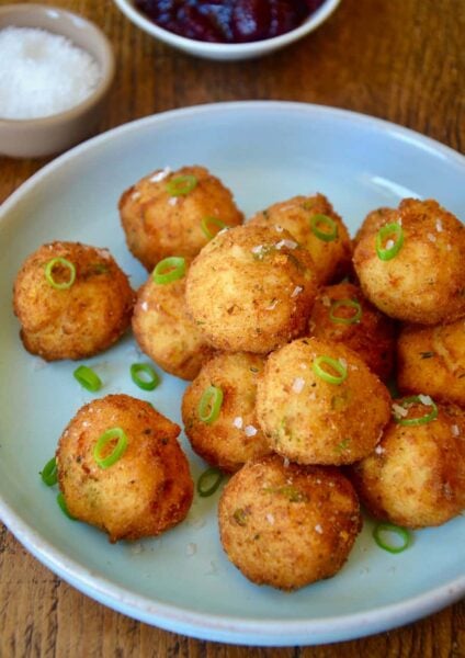 Leftover Mashed Potato Balls with leftover cranberry sauce