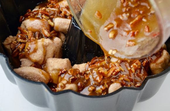 Bundt pan with monkey bread and pecan filling